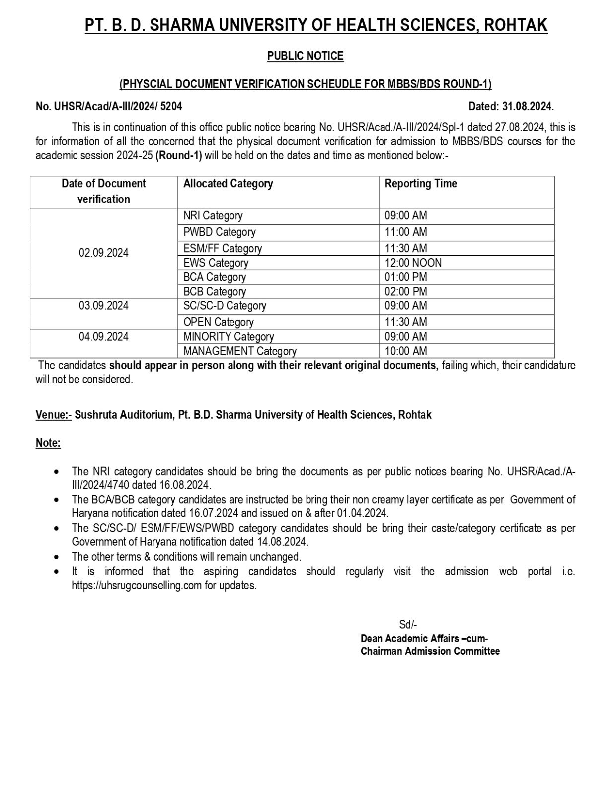 Haryana State Quota 85% (Round-1) Document Verification for MBBS/BDS Admission 2024